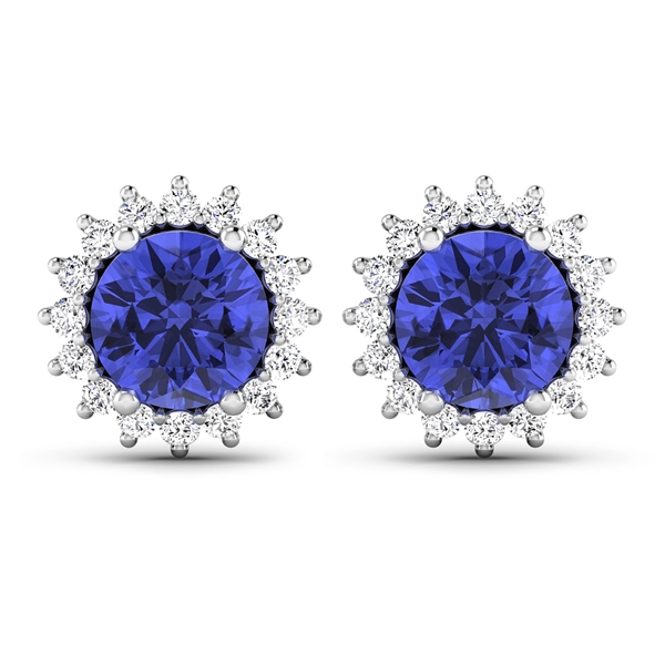 14K White Gold Earrings 1.44 Carat Tanzanite Round Cut with White Diamond  0.32ct (Vault_Q) 