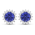 14K White Gold Earrings 1.44 Carat Tanzanite Round Cut with White Diamond  0.32ct (Vault_Q) 