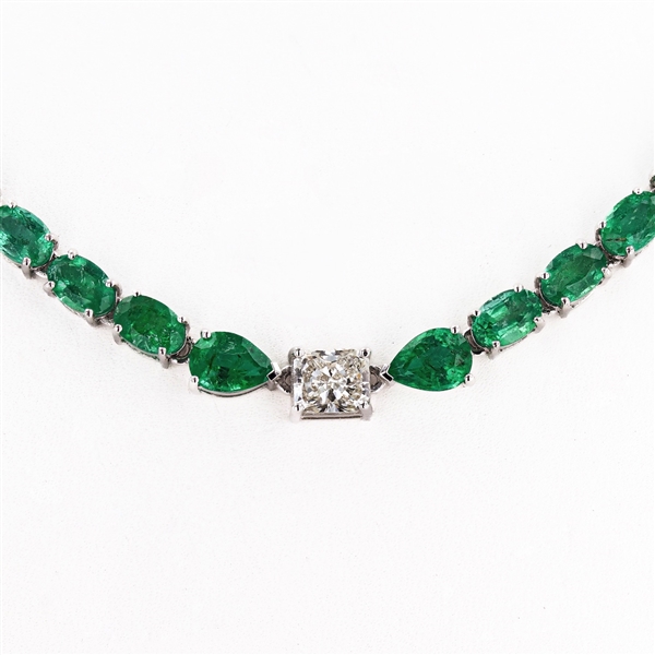 App: $73,520 1.00ct SI1 CLARITY Diamond and 30.18ctw Emerald 18K White Gold Necklace (GIA CERTIFIED) (Vault_RR01) 