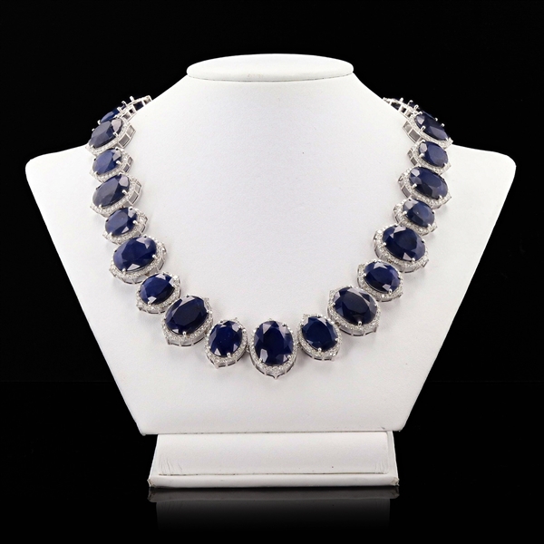 App: $66,132 295.20ctw Blue Sapphire and 15.10ctw Diamond 14K White Gold Necklace (Vault_R48) 