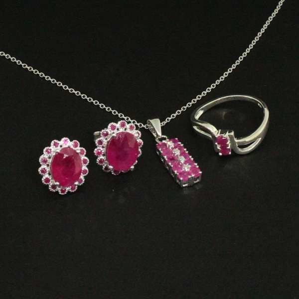  Ruby Ring size 7.5, Earrings, and Pendant Sterling Silver Collection 