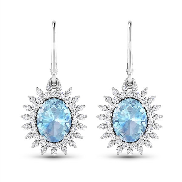 14K White Gold Earrings 2.56 Carat Aquamarine Oval Cut with White Diamond  0.836ct (Vault_Q) 