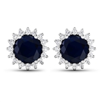 14K White Gold Earrings 2.2 Carat Blue Sapphire Round Cut with White Diamond  0.32ct (Vault_Q) 