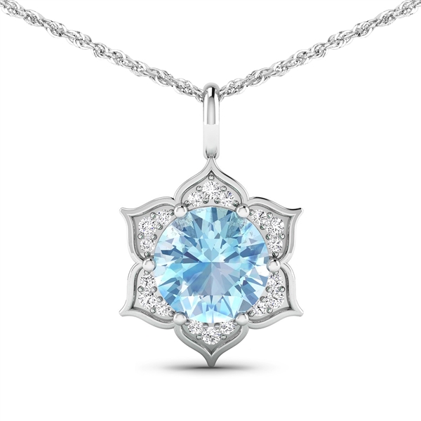 14K White Gold 18 Chain Pendant 1.9 Carat Aquamarine Round Cut with White Diamond  0.14ct (Vault_Q) 