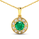 14K Yellow Gold 18 Chain Pendant 1.8 Carat Zambian Emerald Round Cut with White Diamond  0.3ct (Vault_Q) 