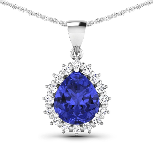 14K White Gold 18 Chain Pendant 3.25 Carat Tanzanite Pears Cut with White Diamond  0.48ct (Vault_Q) 