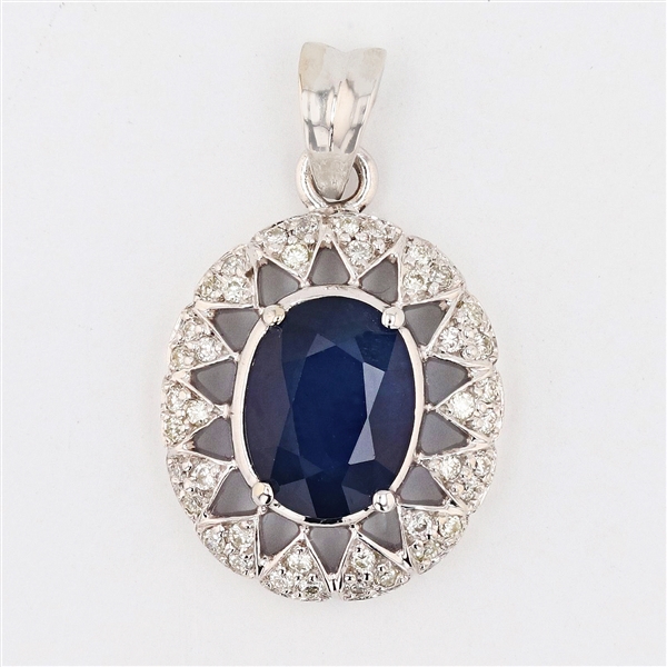 14K White Gold 1.82CT Oval Cut Sapphire and Diamond 3/4in. Length Pendant 