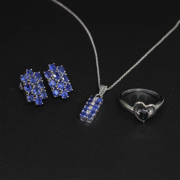 Sapphire Ring Size 7, Earrings, and Pendant Sterling Silver Collection 