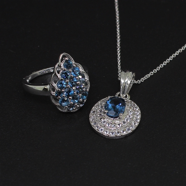 Blue Topaz Ring Size 7 and Pendant Sterling Silver Collection 