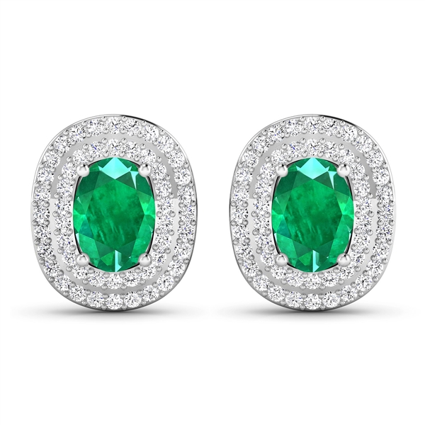 14K White Gold Earrings 1.12 Carat Zambian Emerald Oval Cut with White Diamond  0.4545ct (Vault_Q) 