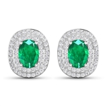 14K White Gold Earrings 1.12 Carat Zambian Emerald Oval Cut with White Diamond  0.4545ct (Vault_Q) 