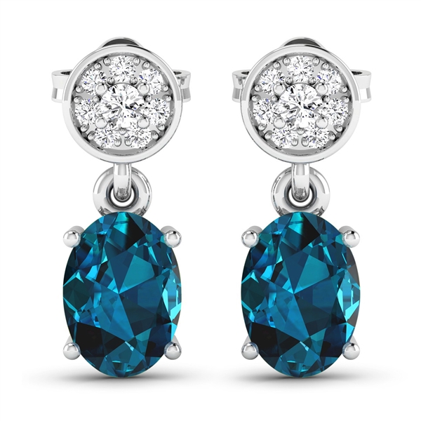 14K White Gold Earrings 1.4 Carat London Blue Topaz Oval Cut with White Diamond  0.11ct (Vault_Q) 