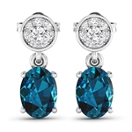 14K White Gold Earrings 1.4 Carat London Blue Topaz Oval Cut with White Diamond  0.11ct (Vault_Q) 