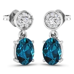 14K White Gold Earrings 1.4 Carat London Blue Topaz Oval Cut with White Diamond  0.11ct (Vault_Q) 