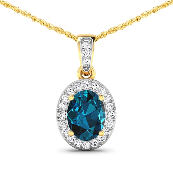 14K Yellow Gold 18 Chain Pendant 1.1 Carat London Blue Topaz Oval Cut with White Diamond  0.18ct (Vault_Q) 