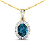 14K Yellow Gold 18 Chain Pendant 1.1 Carat London Blue Topaz Oval Cut with White Diamond  0.18ct (Vault_Q) 