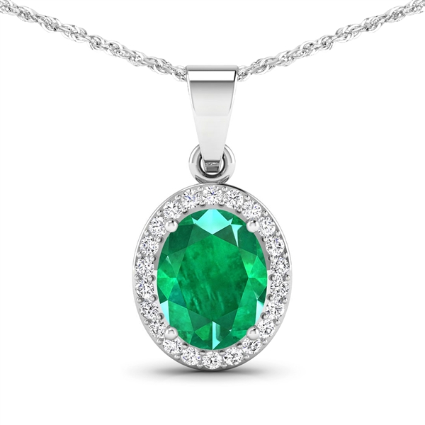 14K White Gold 18 Chain Pendant 1.65 Carat Zambian Emerald Oval Cut with White Diamond  0.22ct (Vault_Q) 