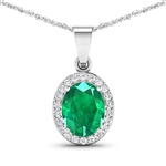 14K White Gold 18 Chain Pendant 1.65 Carat Zambian Emerald Oval Cut with White Diamond  0.22ct (Vault_Q) 