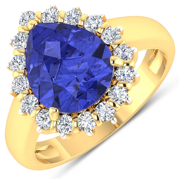 14K Yellow Gold Ring 2.97 Carat Tanzanite Pears Cut with White Diamond  0.48ct (Vault_Q) 