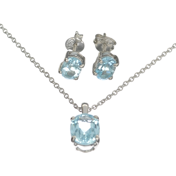 2.54 Oval Cut Blue Topaz Sterling Silver Pendant With 18" Chain And 1.96CT Oval Cut Blue Topaz Solitaire Earrings