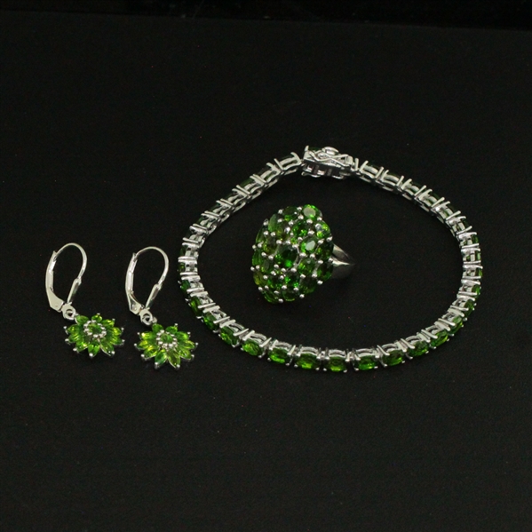 Chrome Diopside Ring size 7, Earrings, and Bracelet Sterling Silver Collection 