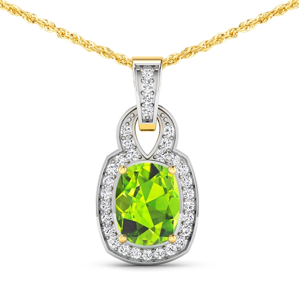 14K Yellow Gold No Chain Pendant 2 Carat Peridot Cushion Cut with White Diamond  0.25ct (Vault_Q) 