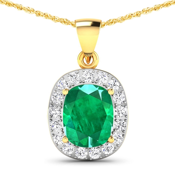 14K Yellow Gold 18 Chain Pendant 2.5 Carat Zambian Emerald Cushion Cut with White Diamond  0.51ct (Vault_Q) 