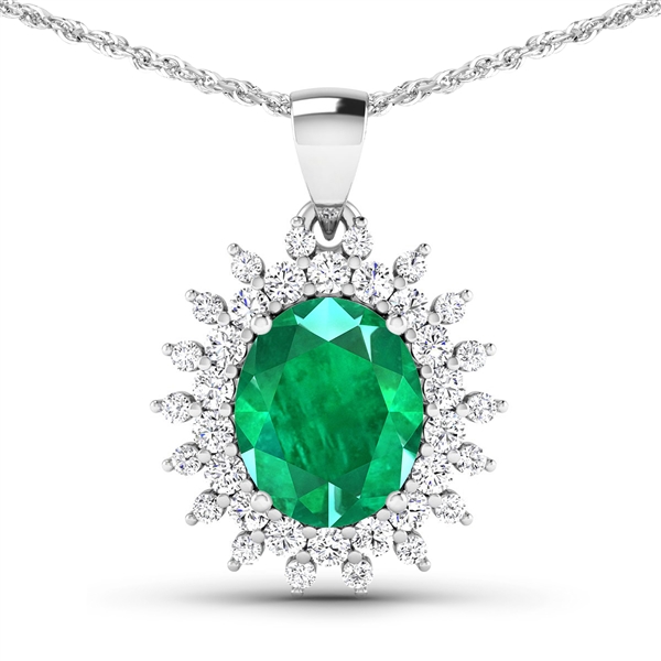 14K White Gold 18 Chain Pendant 3.14 Carat Zambian Emerald Oval Cut with White Diamond  0.792ct (Vault_Q) 