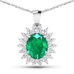 14K White Gold 18 Chain Pendant 3.14 Carat Zambian Emerald Oval Cut with White Diamond  0.792ct (Vault_Q) 