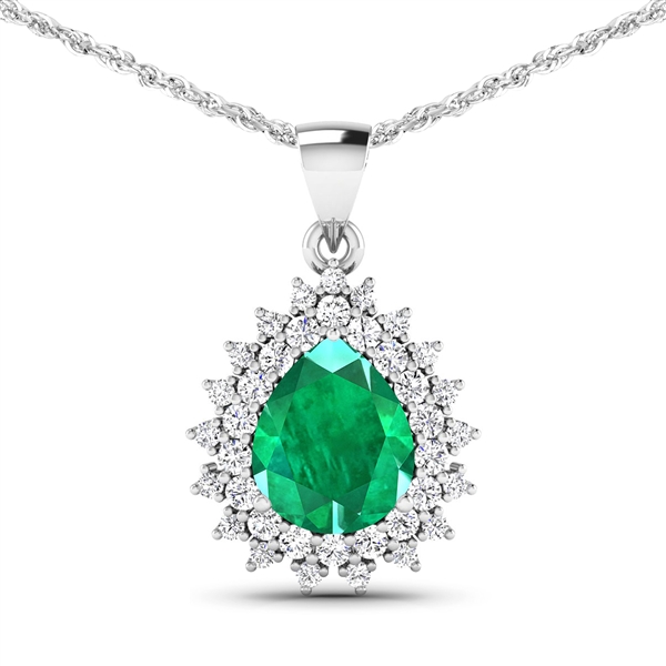 14K White Gold 18 Chain Pendant 2.85 Carat Zambian Emerald Pears Cut with White Diamond  0.806ct (Vault_Q) 