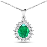 14K White Gold 18 Chain Pendant 2.85 Carat Zambian Emerald Pears Cut with White Diamond  0.806ct (Vault_Q) 