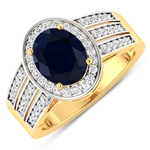 14K Yellow Gold Ring 2.1 Carat Blue Sapphire Oval Cut with White Diamond  0.44ct (Vault_Q) 