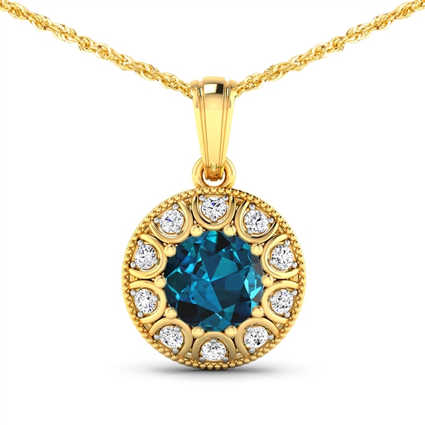 14K Yellow Gold 18 Chain Pendant 2.05 Carat London Blue Topaz Round Cut with White Diamond  0.3ct (Vault_Q) 