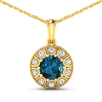 14K Yellow Gold 18 Chain Pendant 2.05 Carat London Blue Topaz Round Cut with White Diamond  0.3ct (Vault_Q) 