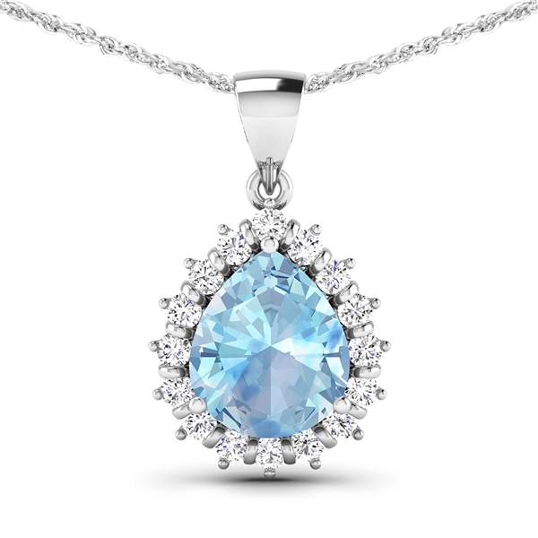 14K White Gold 18 Chain Pendant 2.3 Carat Aquamarine Pears Cut with White Diamond  0.48ct (Vault_Q) 