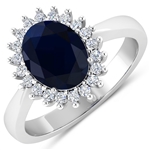 14K White Gold Ring 1.3 Carat Blue Sapphire Oval Cut with White Diamond  0.187ct (Vault_Q) 