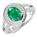 14K White Gold Ring 1 Carat Zambian Emerald Oval Cut with White Diamond  0.34ct (Vault_Q) 