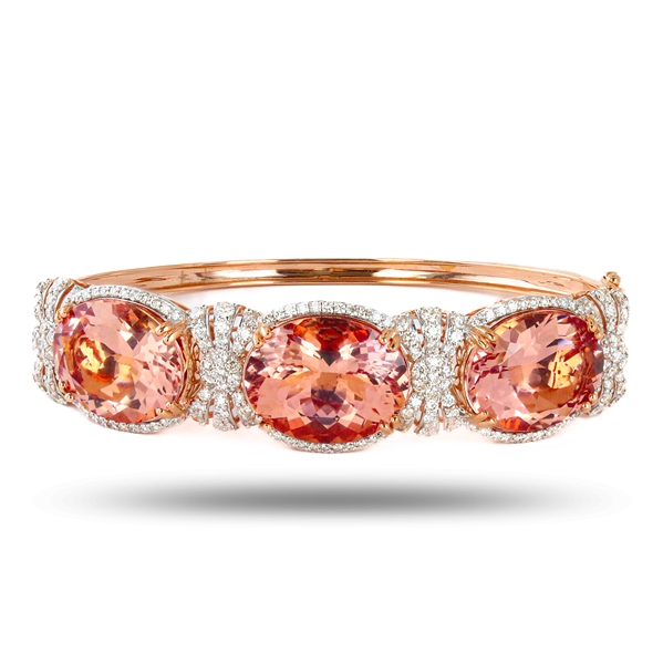 App: $62,540 34.82ctw Morganite and 2.48ctw Diamond 14K Rose and White Gold Bangle (Vault_R50) 