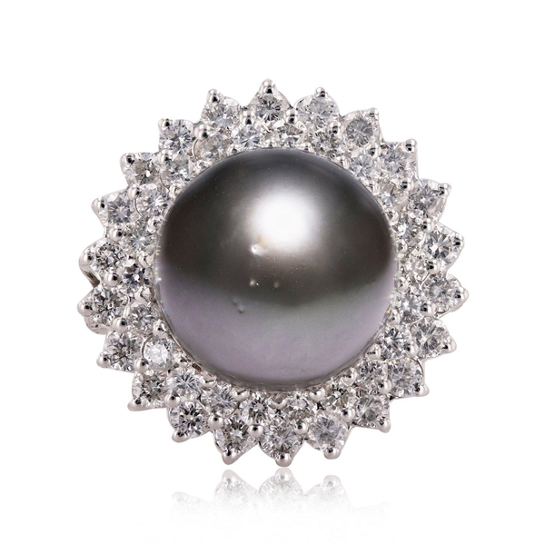 App: $6,295 12.0mm Tahitian Cultured Pearl and 1.37ctw Diamond 14K White Gold Ring (Vault_R50) 