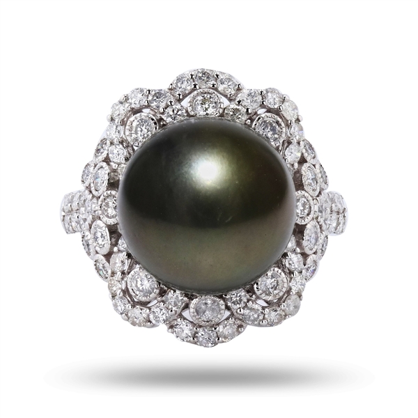 App: $8,647 13mm Tahitian Pearl and 1.15ctw Diamond 18K White Gold Ring (Vault_R50) 