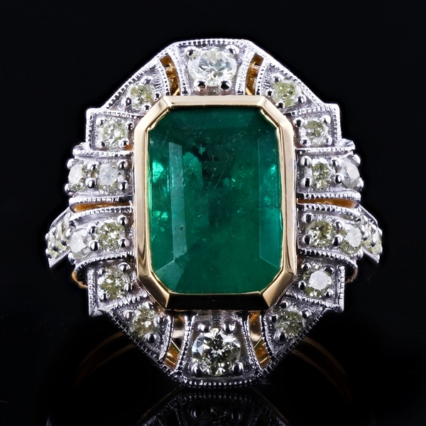 App: $14,870 3.31ct Emerald and 0.84ctw Diamond 18K Yellow and White Gold Ring (GIA CERTIFIED) (Vault_R50) 