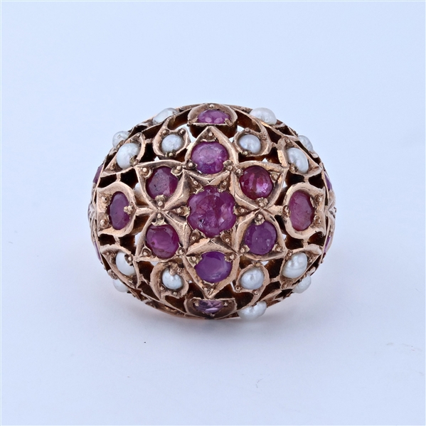 12K Yellow Gold Ruby and Pearl Ring -PNR-