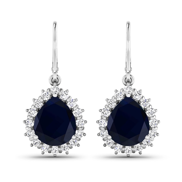 14K White Gold Earrings 3.8 Carat Blue Sapphire Pears Cut with White Diamond  0.448ct (Vault_Q) 