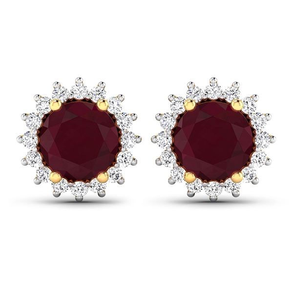 14K Yellow Gold Earrings 2.1 Carat Ruby Round Cut with White Diamond  0.32ct (Vault_Q) 