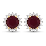 14K Yellow Gold Earrings 2.1 Carat Ruby Round Cut with White Diamond  0.32ct (Vault_Q) 