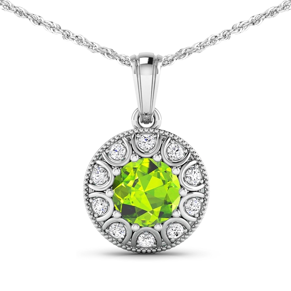 14K White Gold No Chain Pendant 1.85 Carat Peridot Round Cut with White Diamond  0.3ct (Vault_Q) 