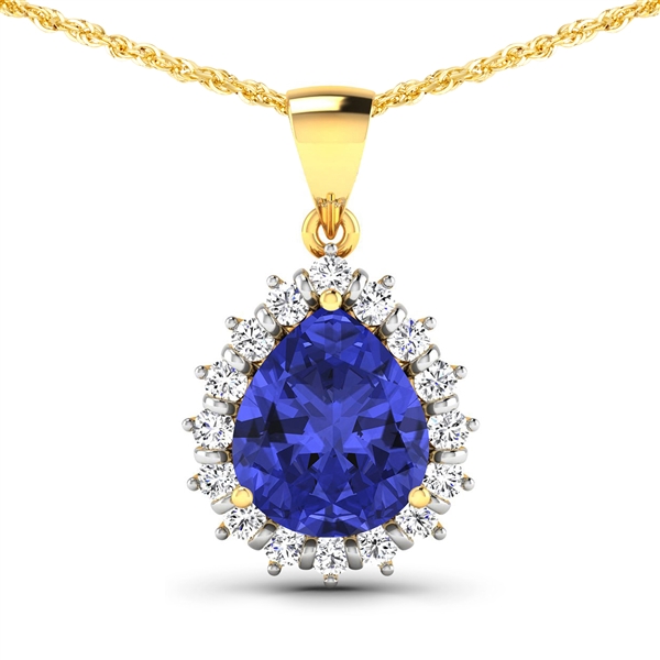 14K Yellow Gold 18 Chain Pendant 3.25 Carat Tanzanite Pears Cut with White Diamond  0.48ct (Vault_Q) 