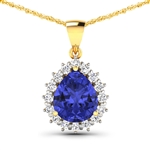 14K Yellow Gold 18 Chain Pendant 3.25 Carat Tanzanite Pears Cut with White Diamond  0.48ct (Vault_Q) 