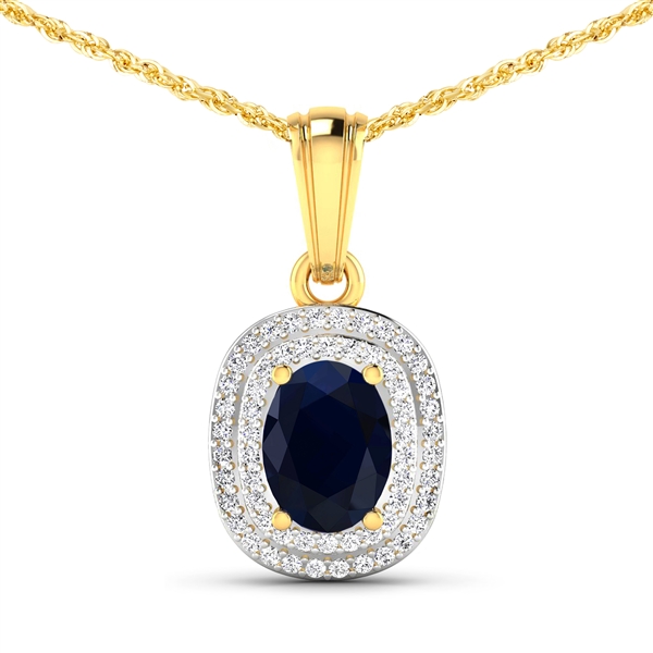 14K Yellow Gold No Chain Pendant 1.3 Carat Blue Sapphire Oval Cut with White Diamond  0.26361ct (Vault_Q) 