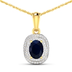 14K Yellow Gold No Chain Pendant 1.3 Carat Blue Sapphire Oval Cut with White Diamond  0.26361ct (Vault_Q) 